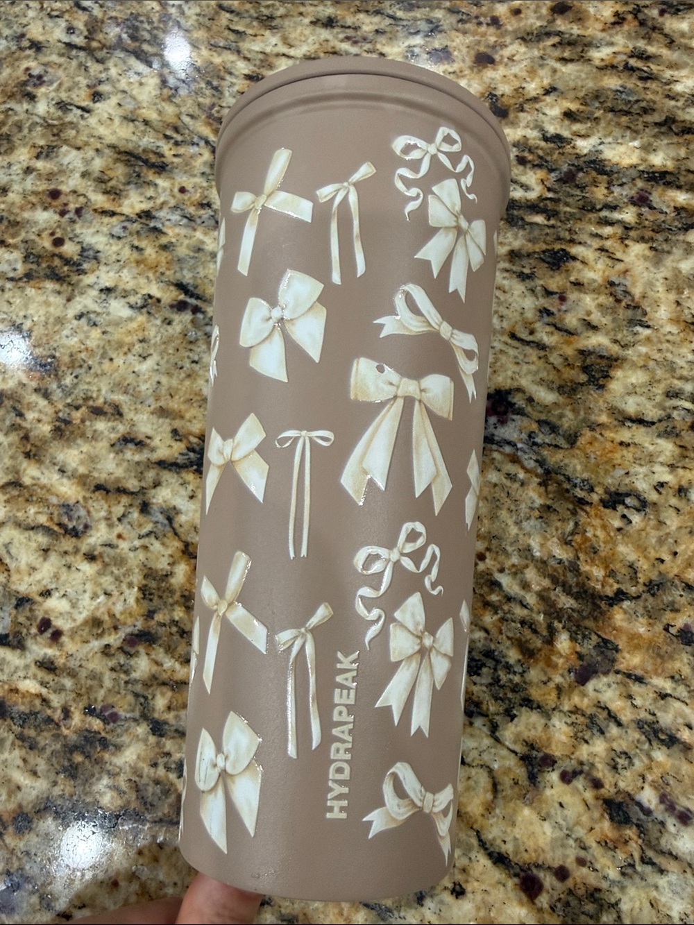 Hydrapeak Taupe Tumbler with Cream Bow Pattern 32oz- limited edition- used once